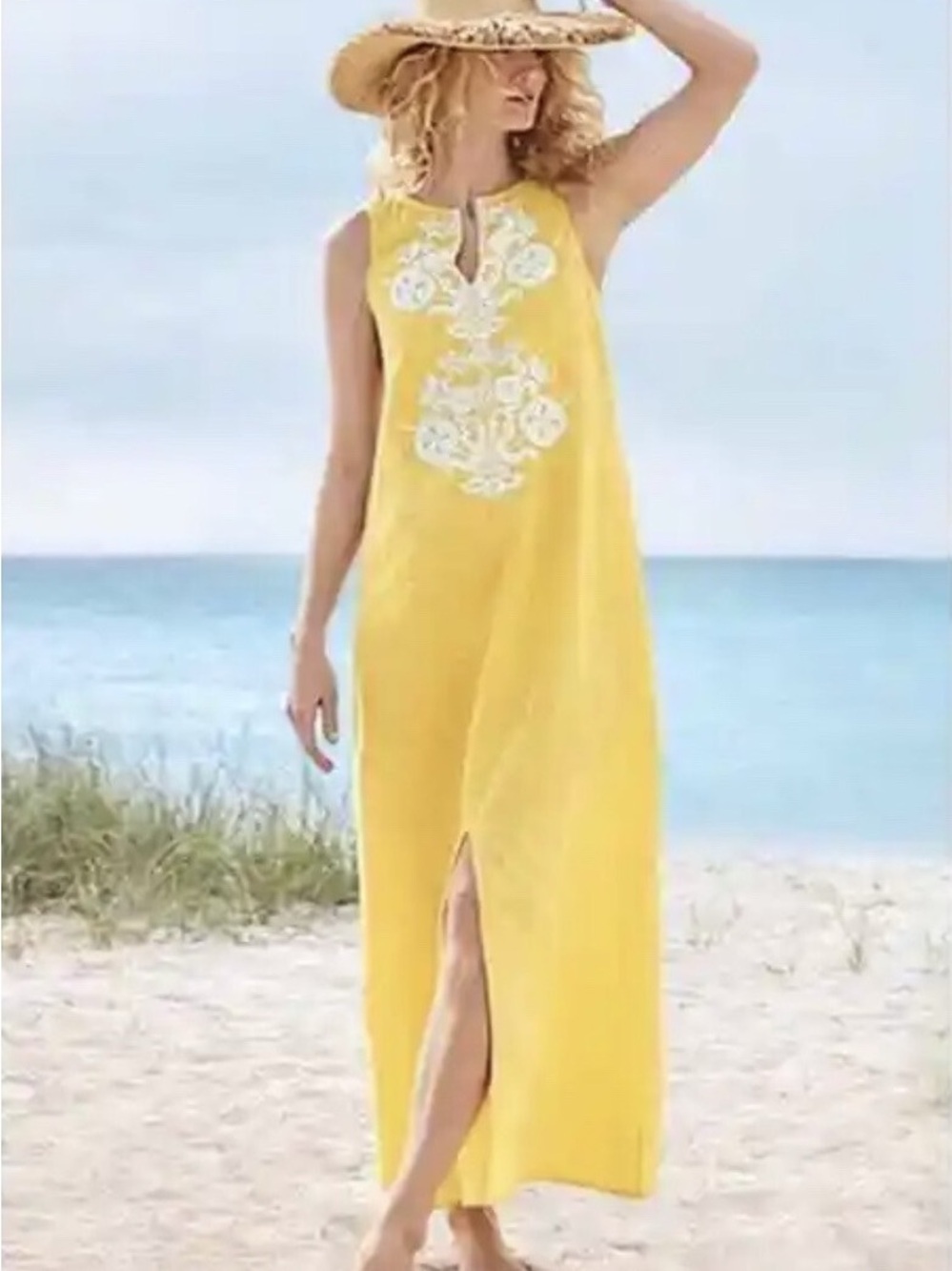Soft Surroundings Yellow Embroidered Maxi Dress